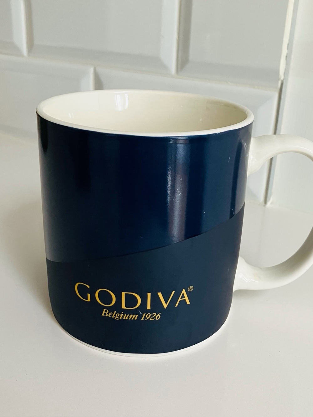 Vintage Godiva mug Belgium 1926 Navy Blue & White coffee cup gold logo